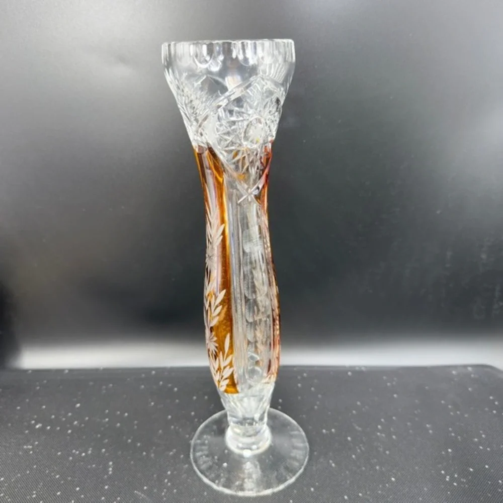Vintage Bohemian Glass Amber‎ Cut to Clear Crystal Bud Vase Floral Wheat Pattern